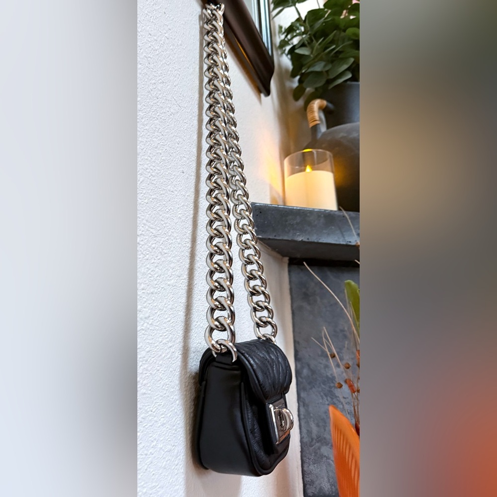 Karl Lagerfeld Micro Mini purse bag Black Quilted Leather & CHUNKY Silver Chain - Picture 16 of 17